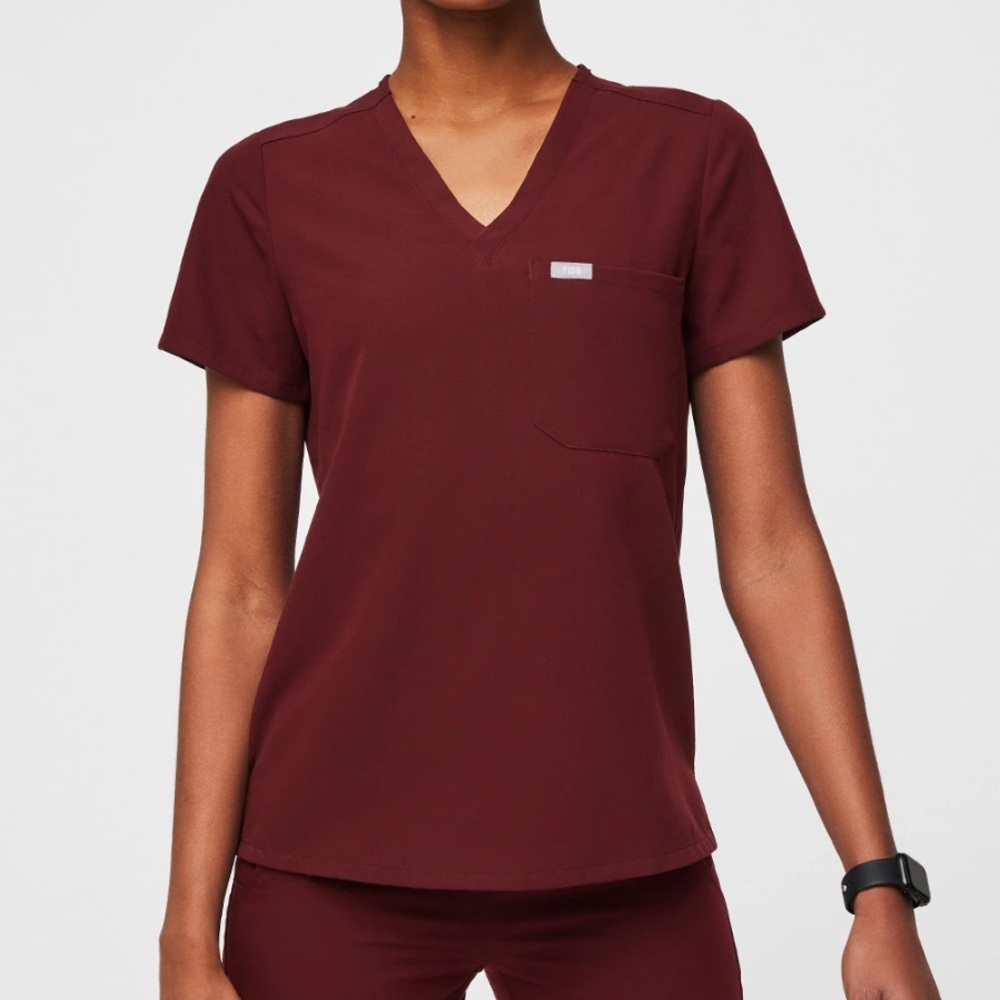 Figs Burgundy V-Neck Short Sleeve Top